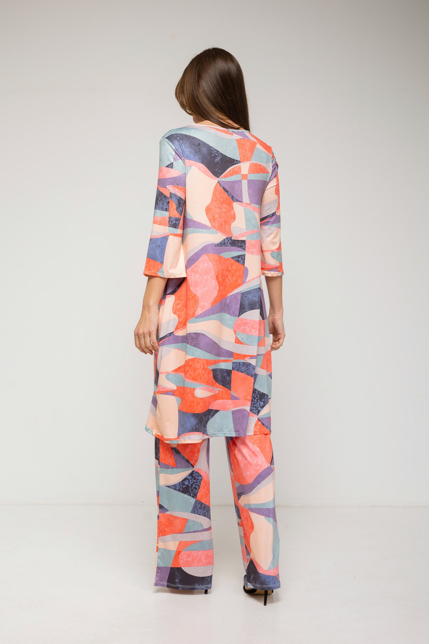 Conjunto de túnica larga estampada y pantalón color coral