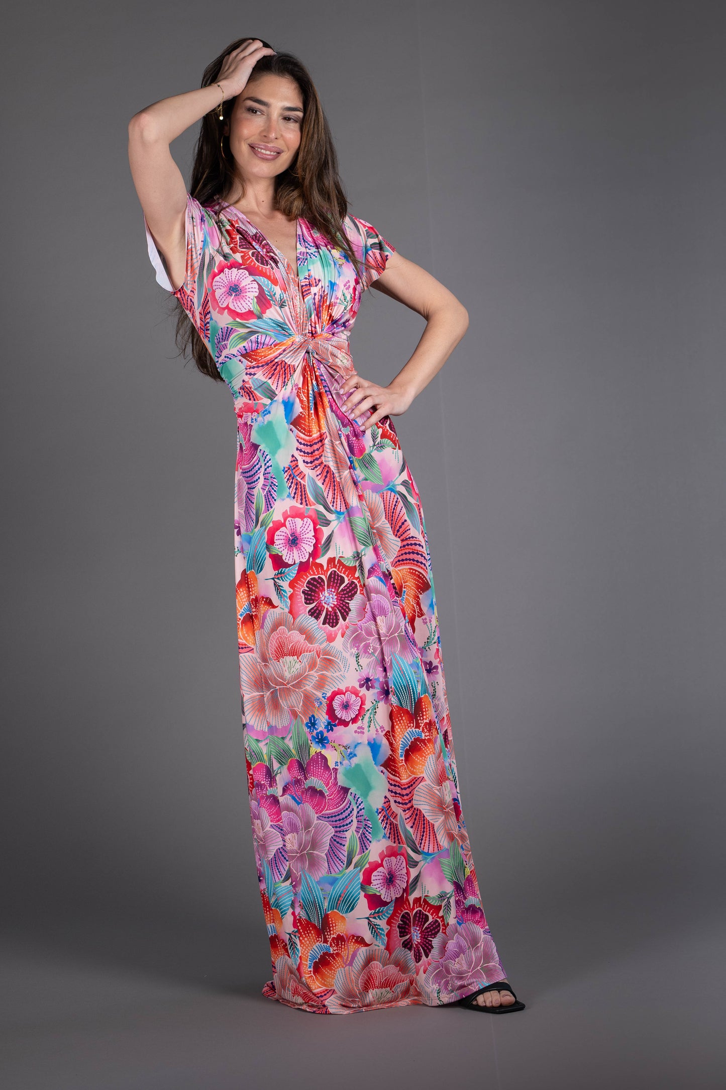 Vestido nudo largo manga corta estampado flores