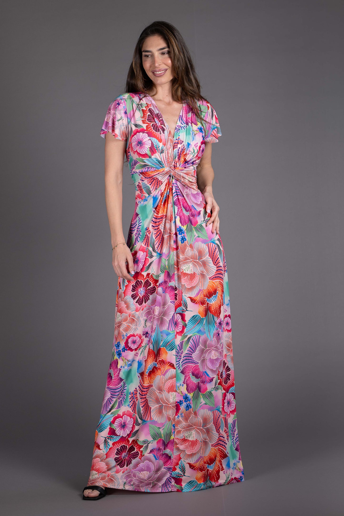 Vestido nudo largo manga corta estampado flores