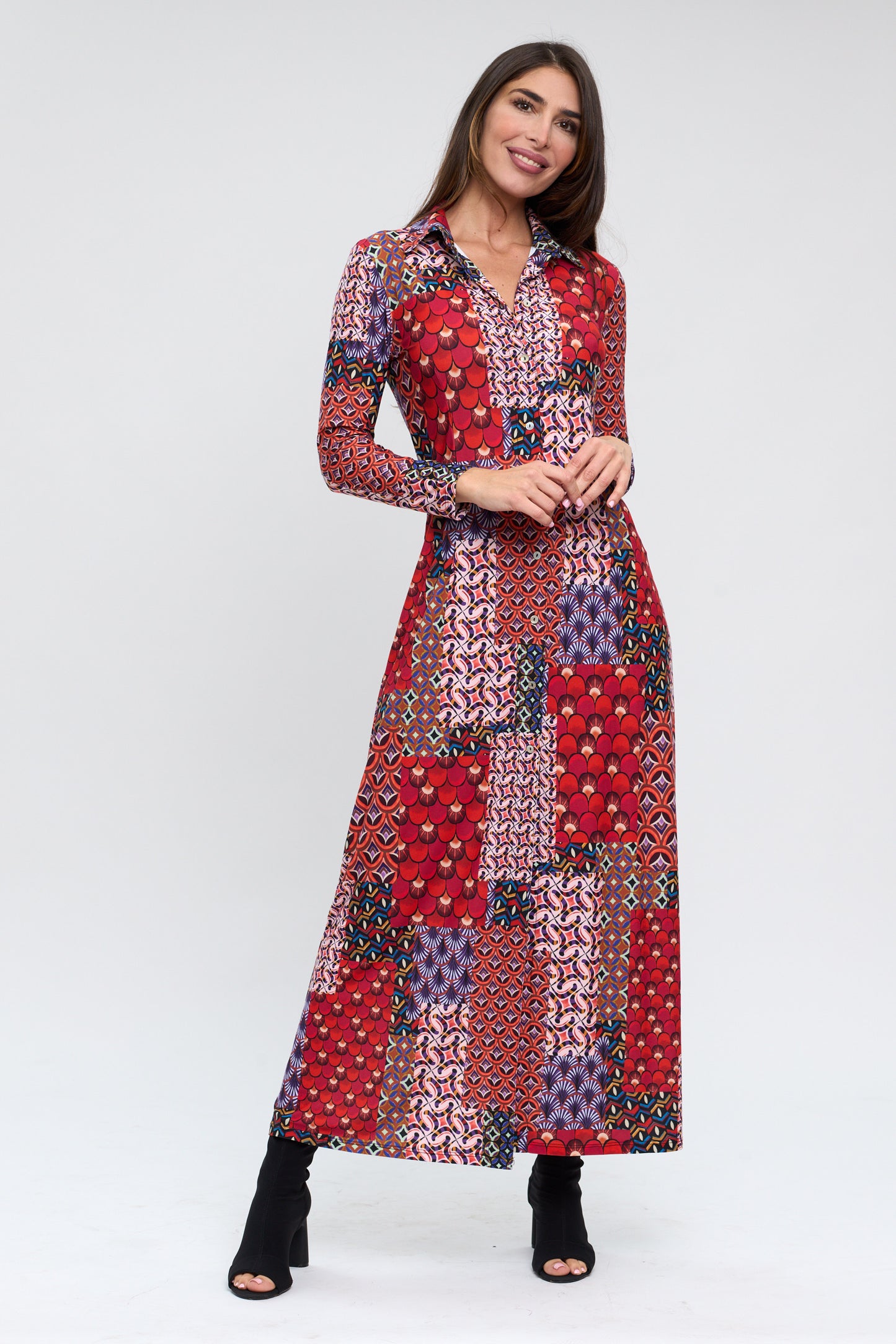Vestido camisero estampado patchwork rojo