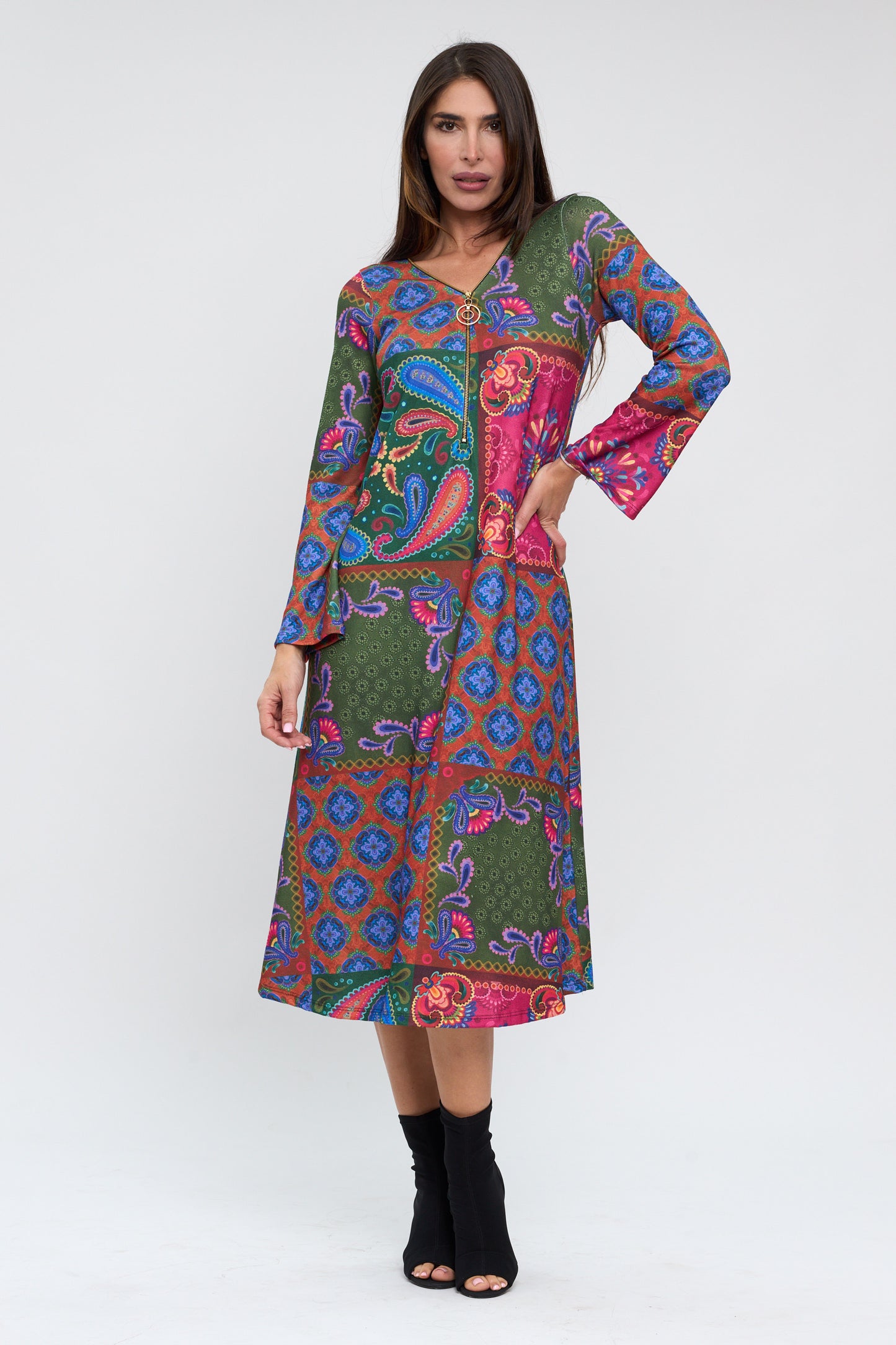 Vestido MIDI cremallera estampado patchwork tonos buganvilla/azul/verde