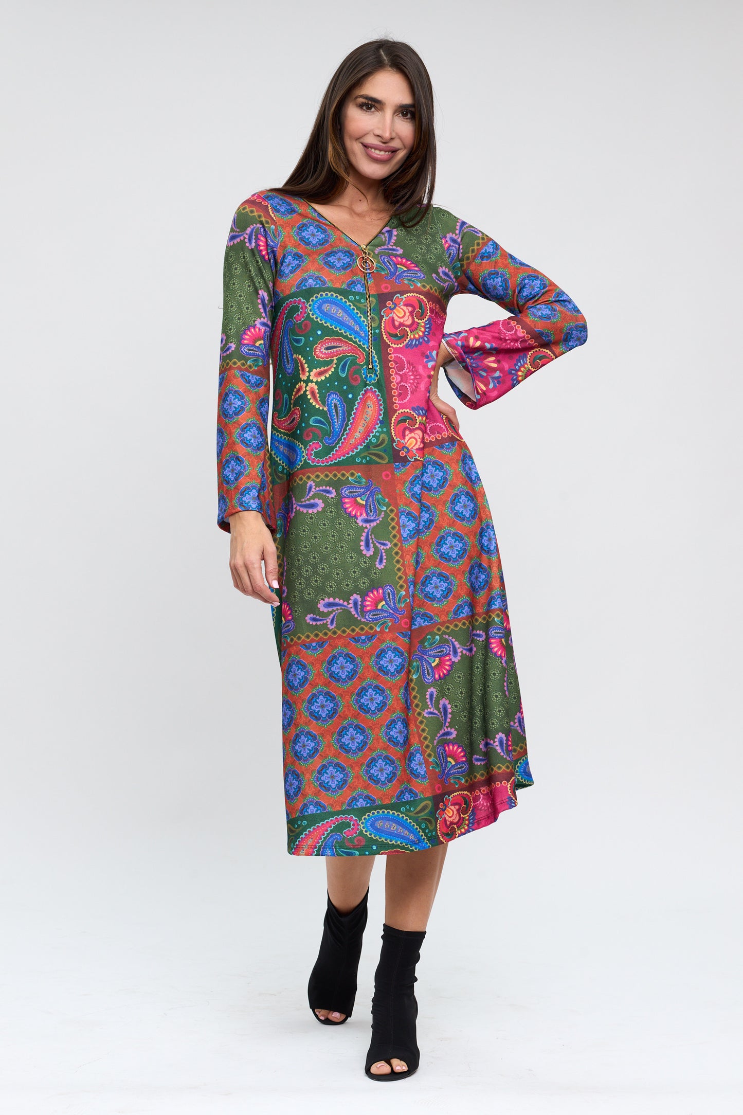 Vestido MIDI cremallera estampado patchwork tonos buganvilla/azul/verde