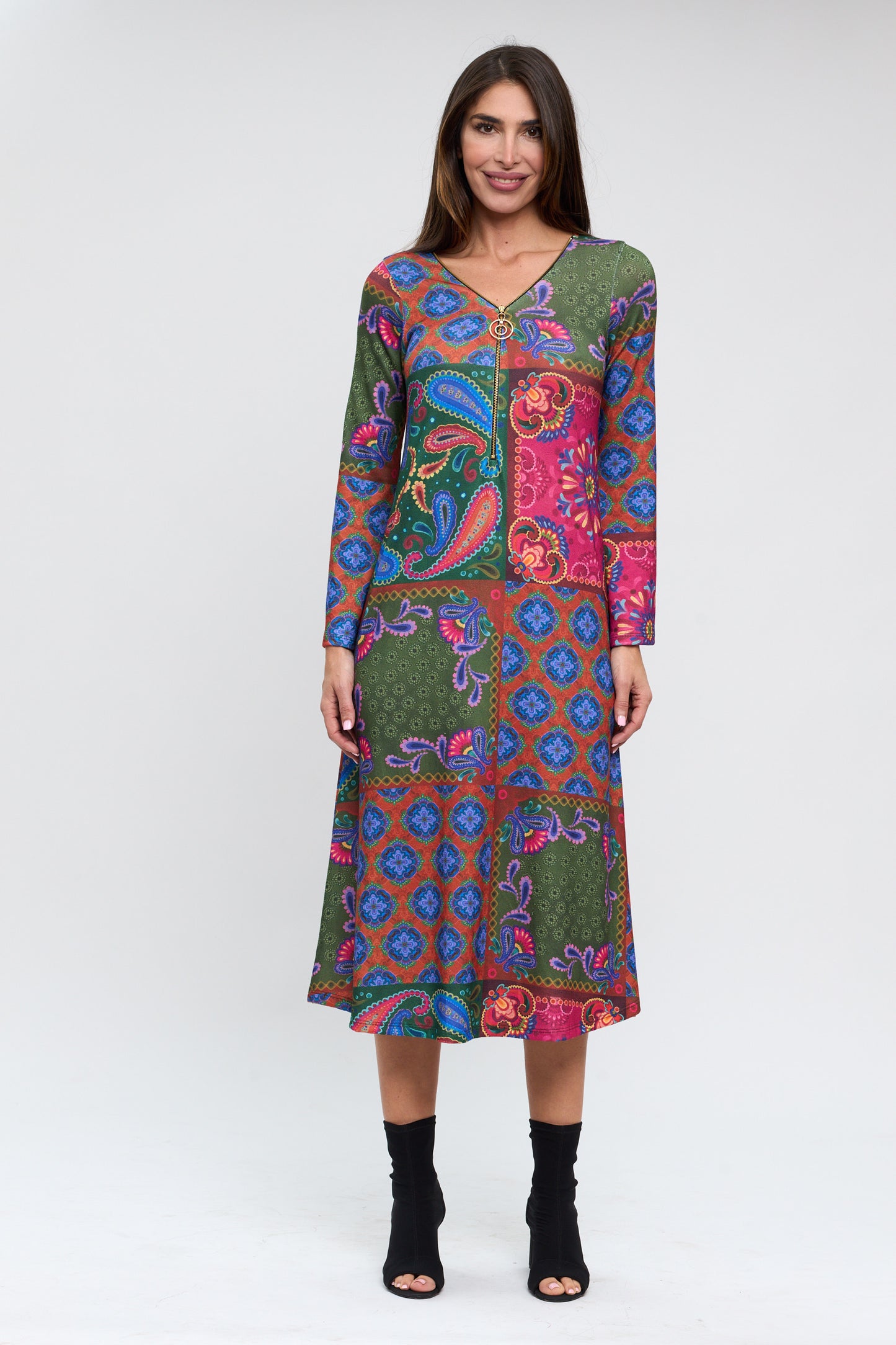 Vestido MIDI cremallera estampado patchwork tonos buganvilla/azul/verde