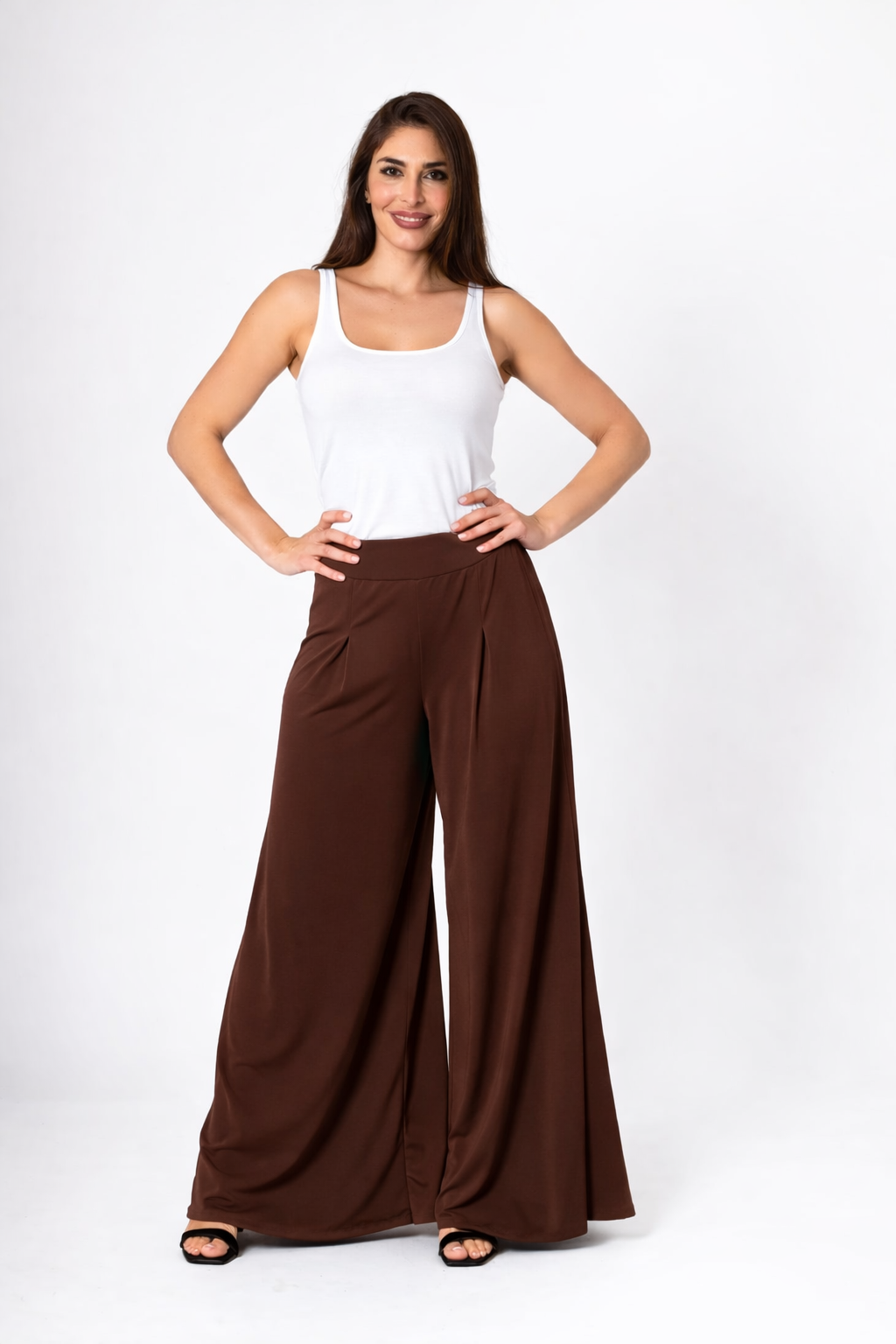 Pantalón palazzo con goma en la cintura marrón