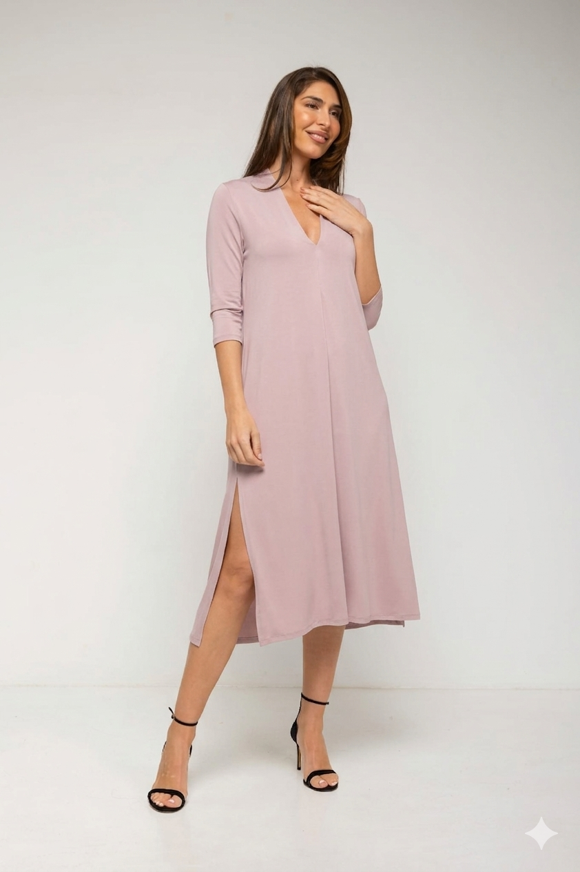 Vestido Midi con pliegue delantero y escote pico liso