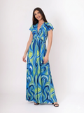 Vestido nudo largo estampado tropical azules y verdes