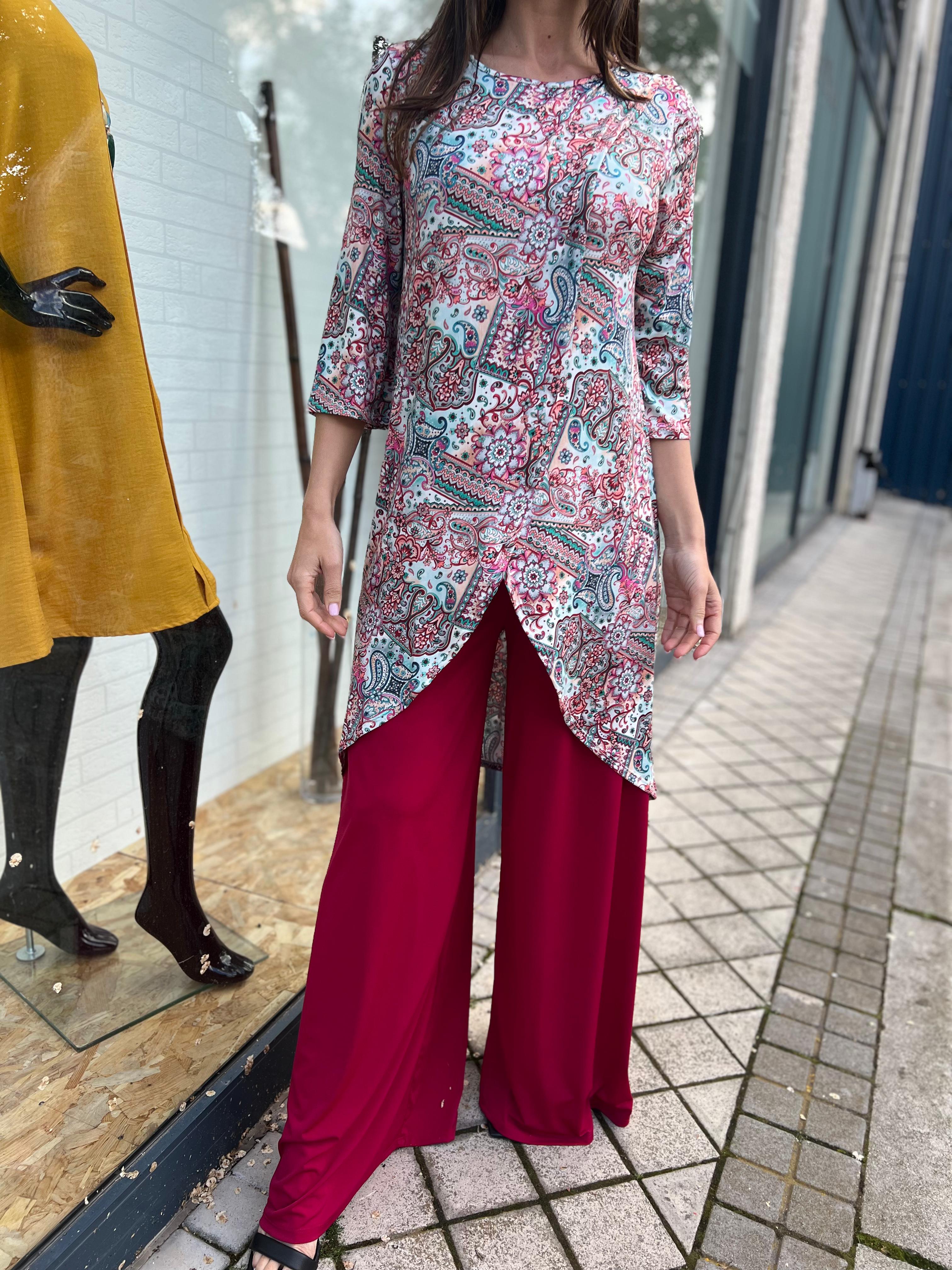 Conjunto de túnica larga estampada y pantalón palazzo liso