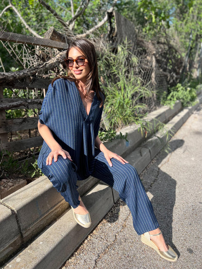 Conjunto túnica escote pico y pantalón en raya marino