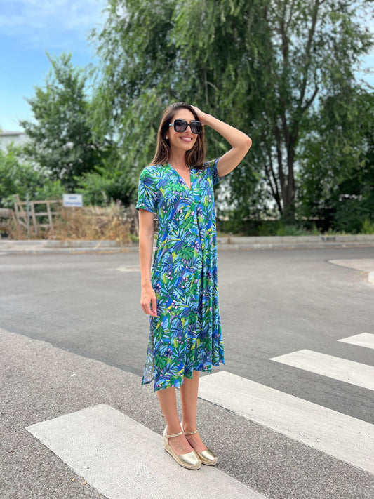 Vestido Midi escote pico estampado verde/azul