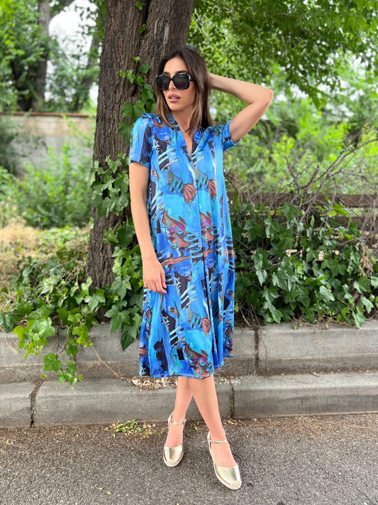 Vestido Midi escote pico estampado fondo azul/choco