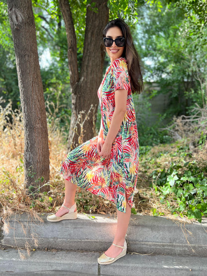 Vestido Midi escote pico estampado hojas palmera multicolor