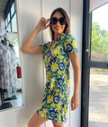 Vestido corto escote pico estampado verde/azul