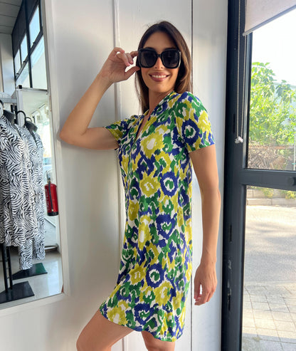 Vestido corto escote pico estampado verde/azul