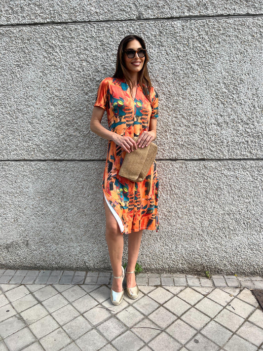 Vestido Midi escote pico estampado fondo naranja/choco