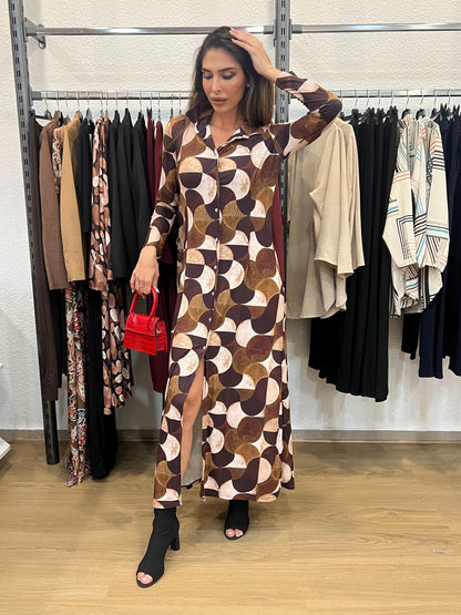 Vestido camisero estampado marrón y crudo