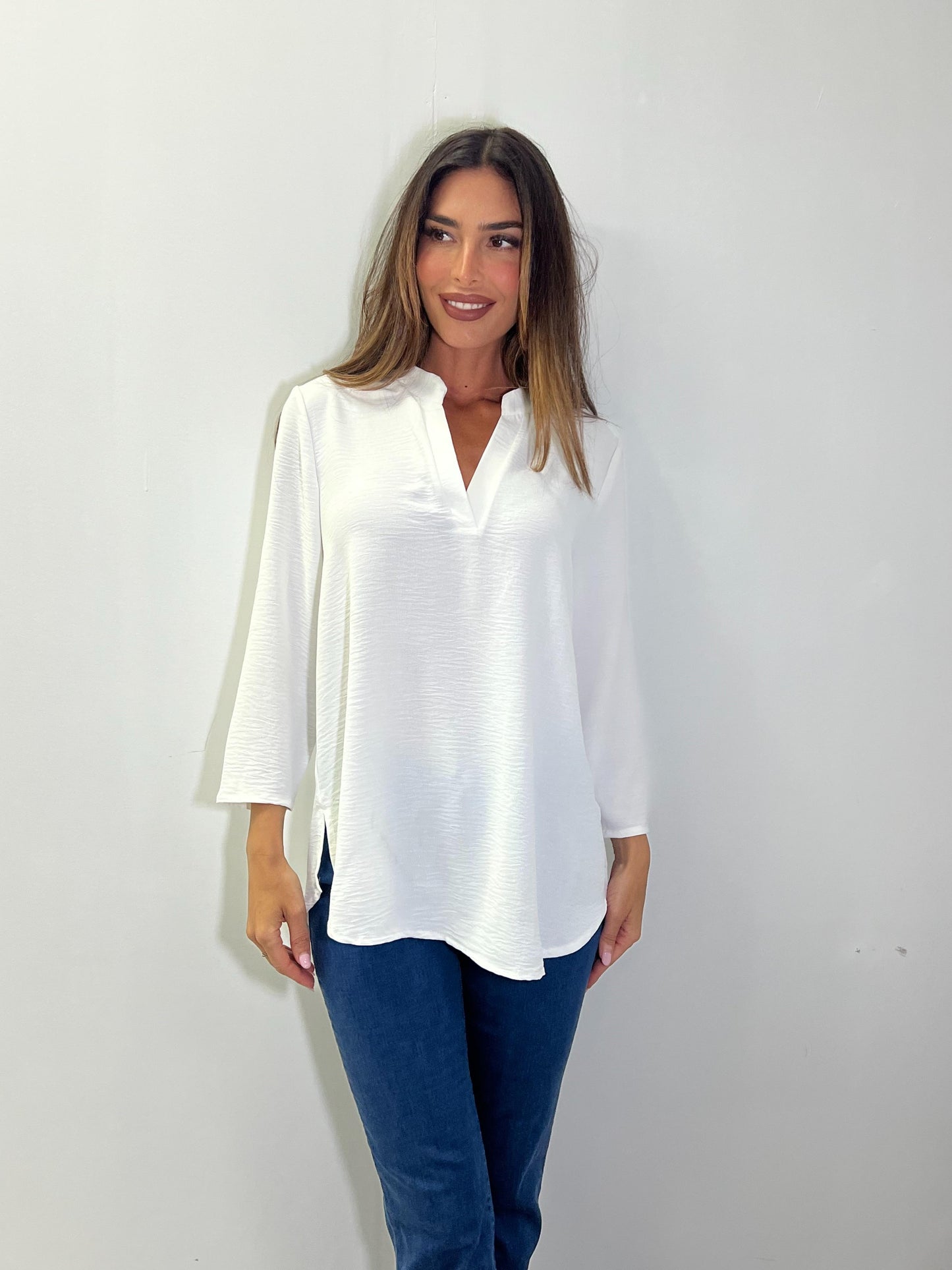 Blusa recta cuello maho manga larga