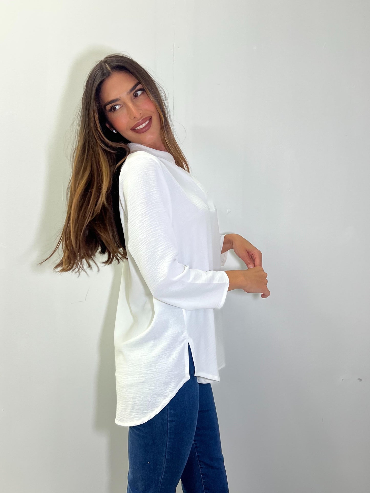 Blusa recta cuello maho manga larga