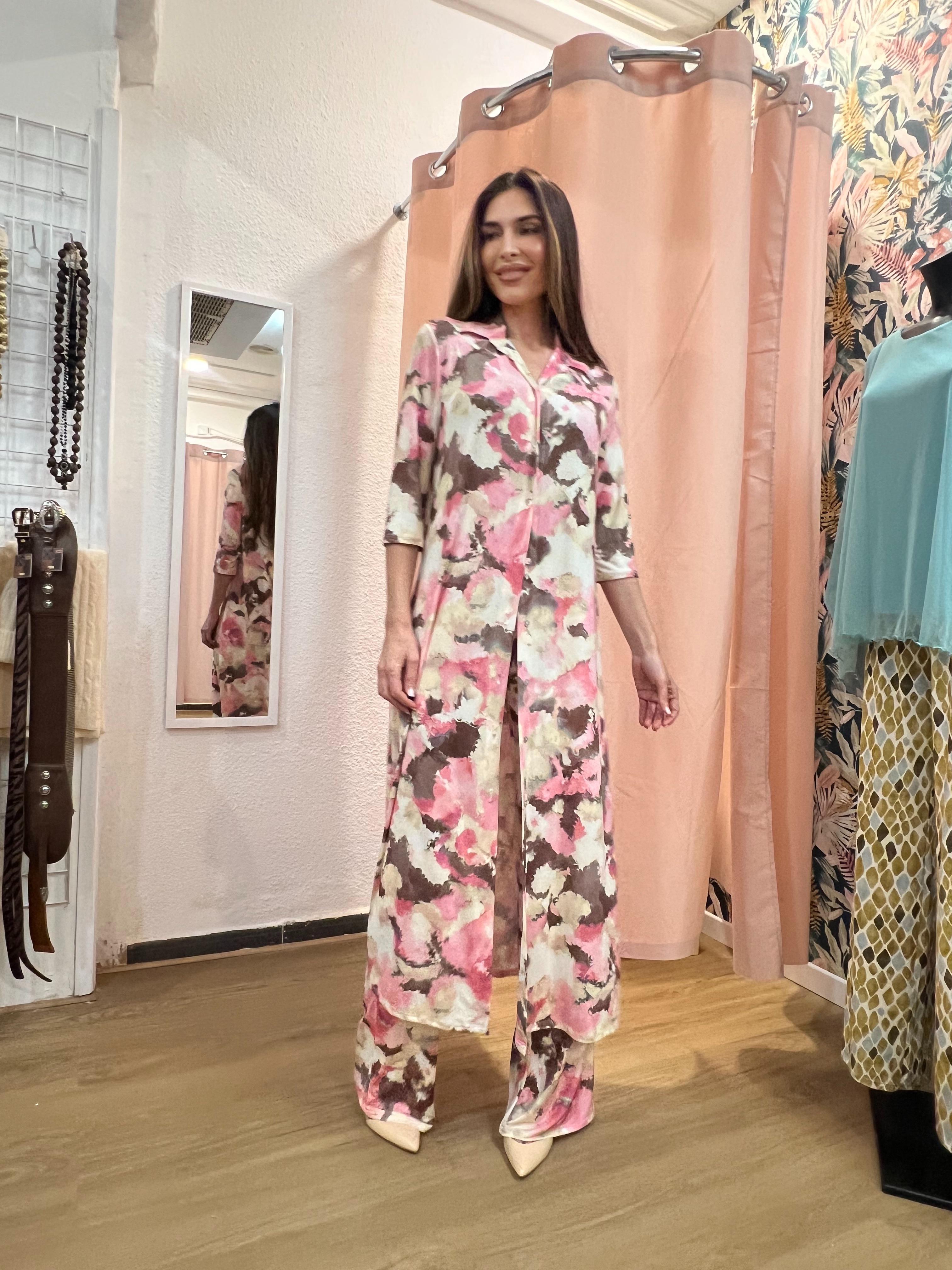 Vestido camisero largo de punto liso estampado nube