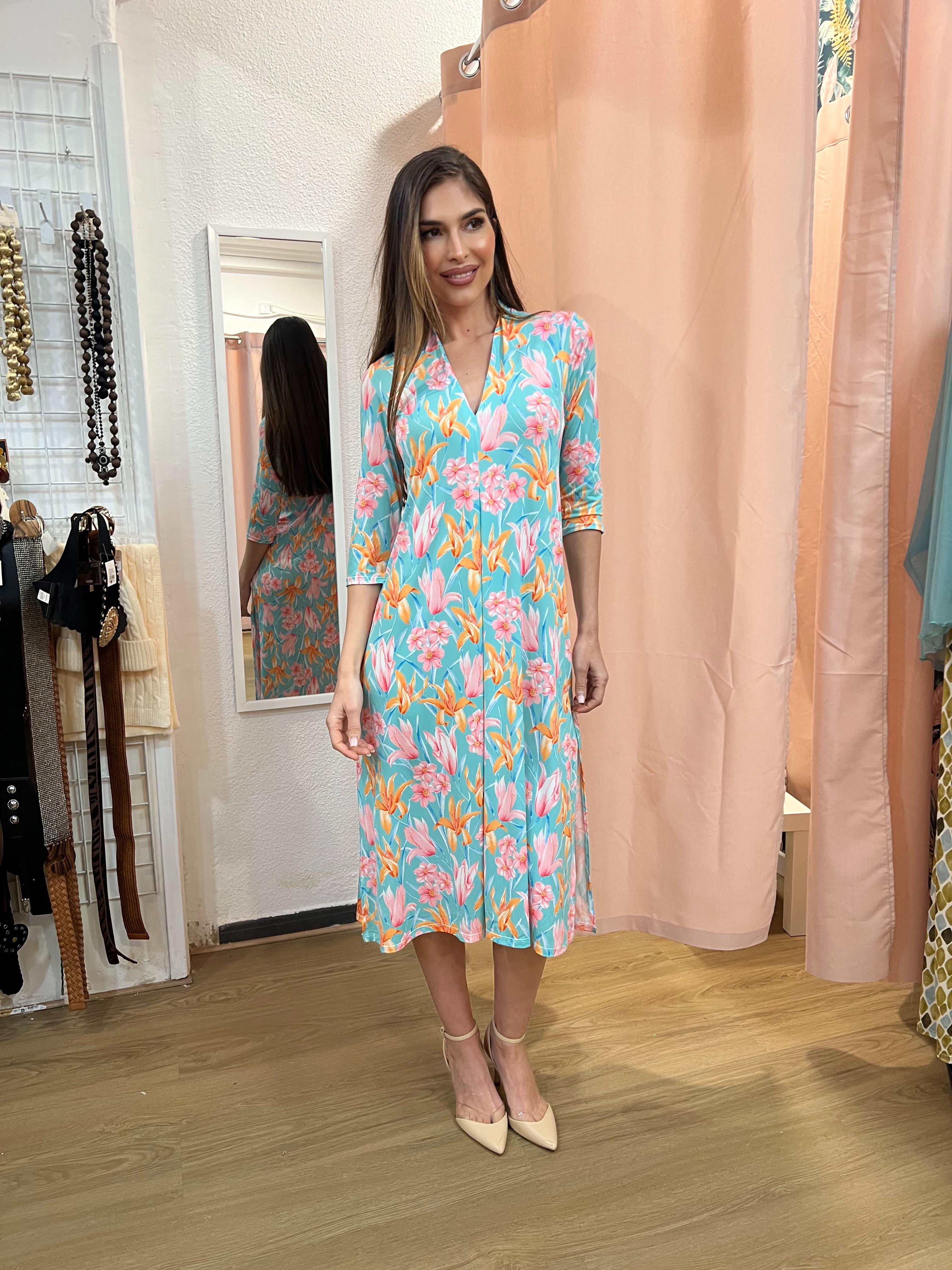 Vestido Midi con pliegue delantero y escote pico estampado