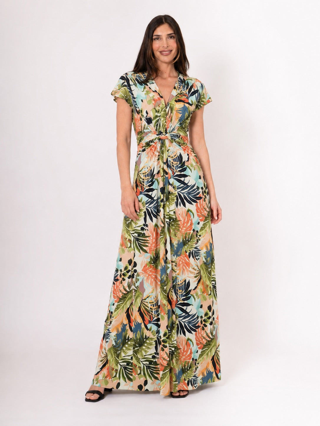 Vestido nudo largo estampado tropical