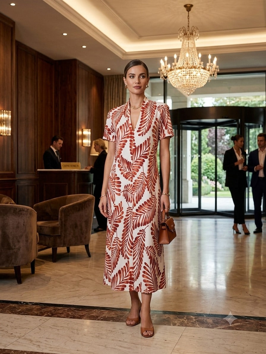 Vestido Midi escote pico estampado blanco rojo