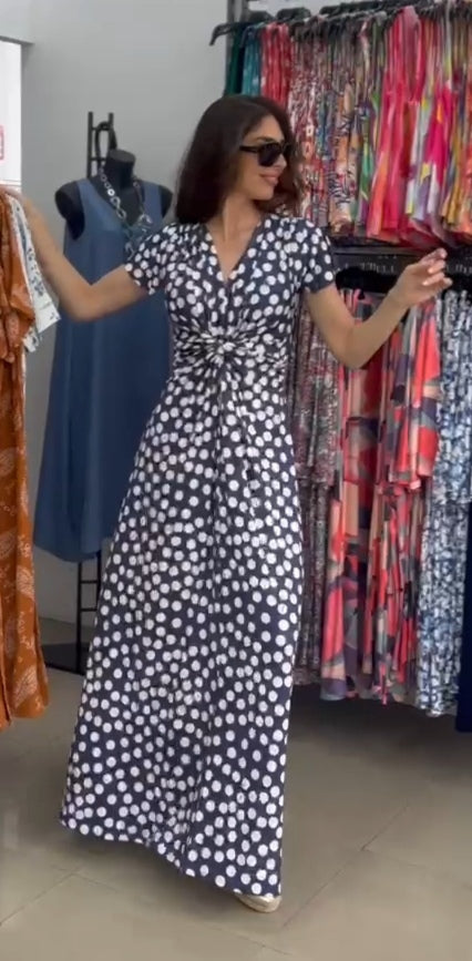 Vestido nudo largo manga corta estampado topos azul