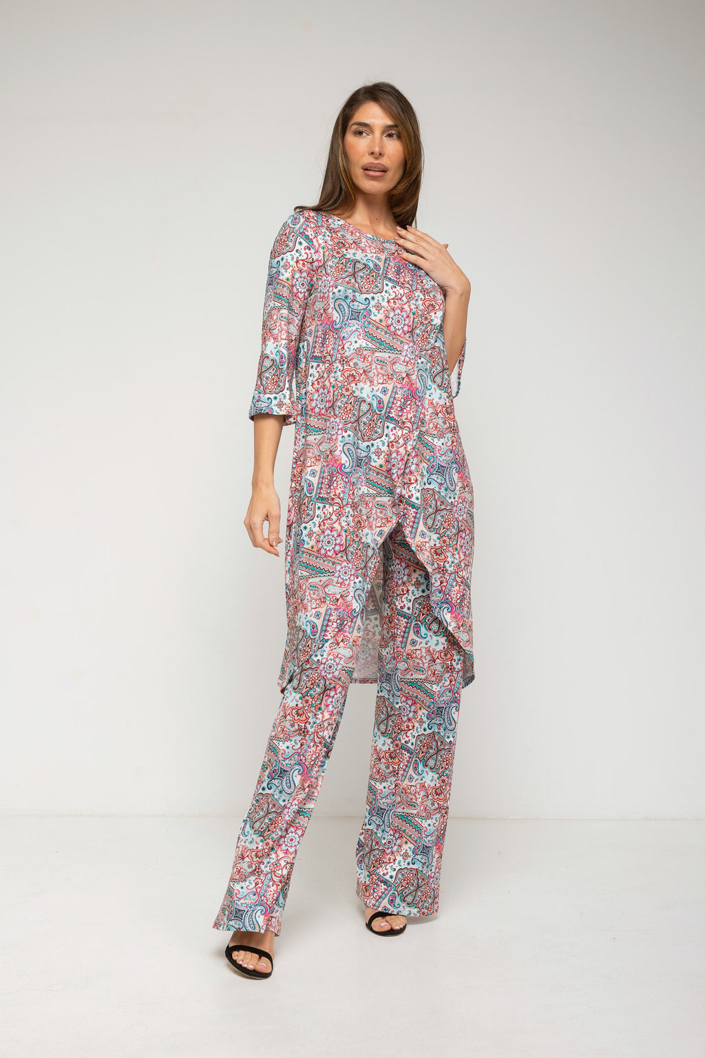 Conjunto de túnica larga estampada y pantalón estampado cachemir