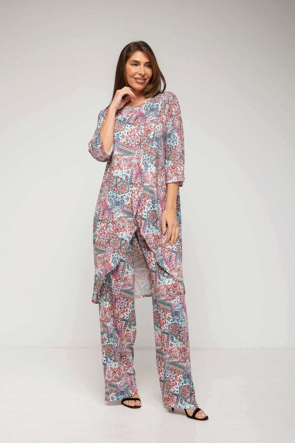 Conjunto de túnica larga estampada y pantalón estampado cachemir