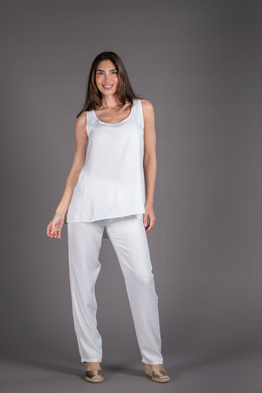 Conjunto pantalón y top en simil lino blanco