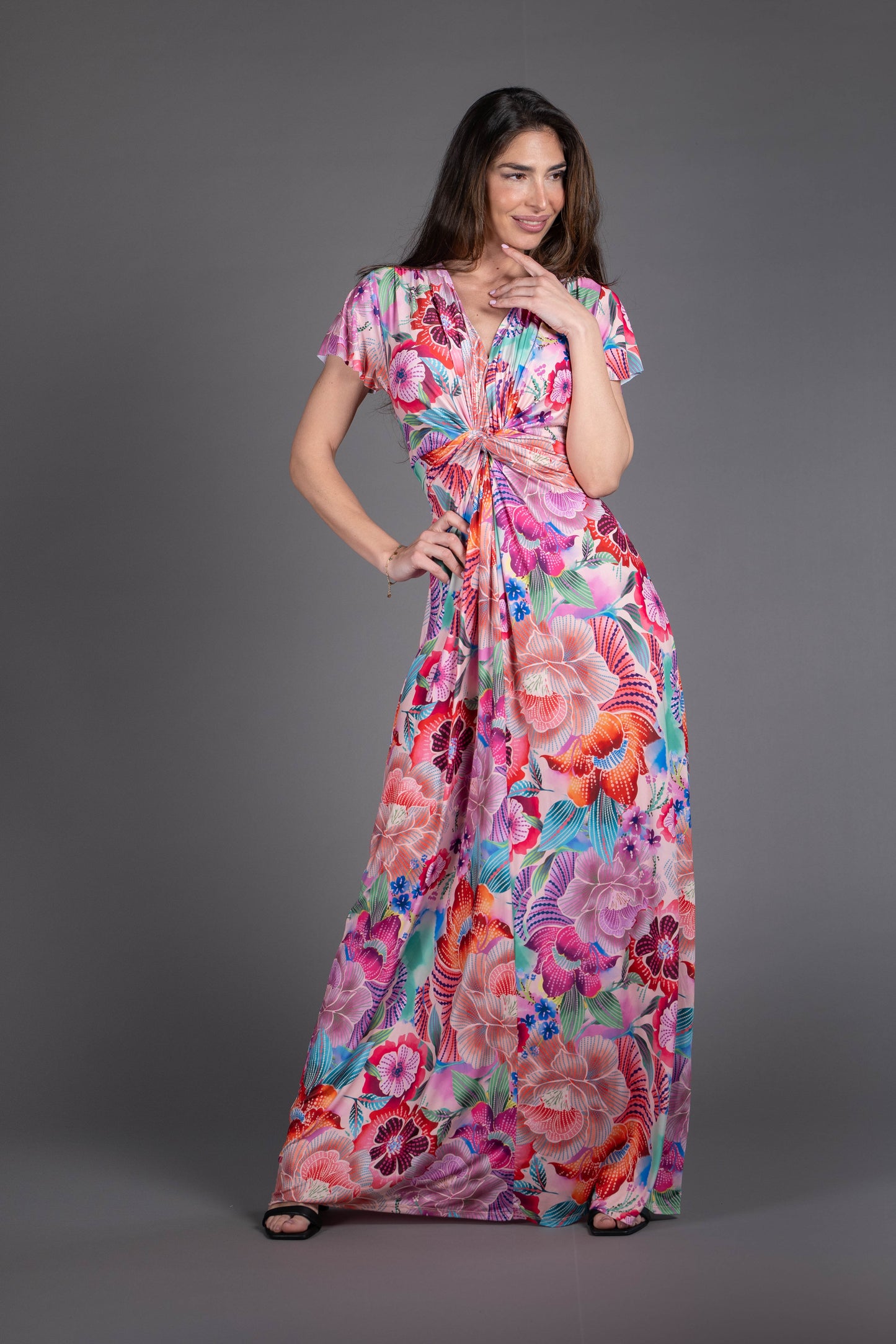 Vestido nudo largo manga corta estampado flores