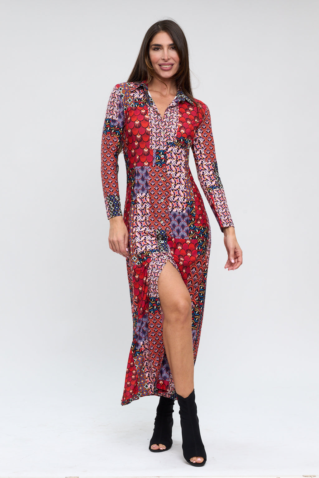 Vestido camisero estampado patchwork rojo