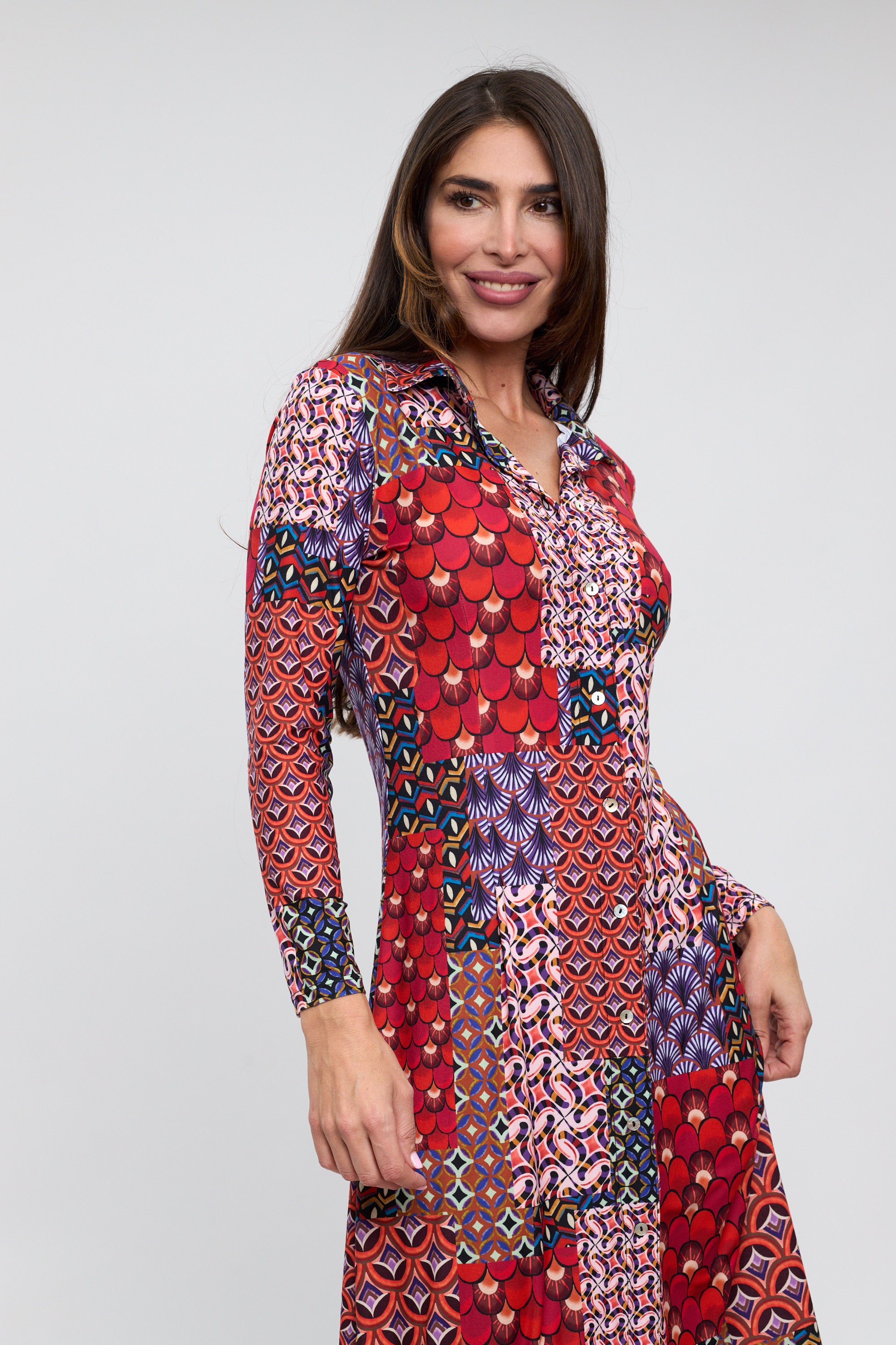 Vestido camisero estampado patchwork rojo