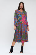 Vestido MIDI cremallera estampado patchwork tonos buganvilla/azul/verde