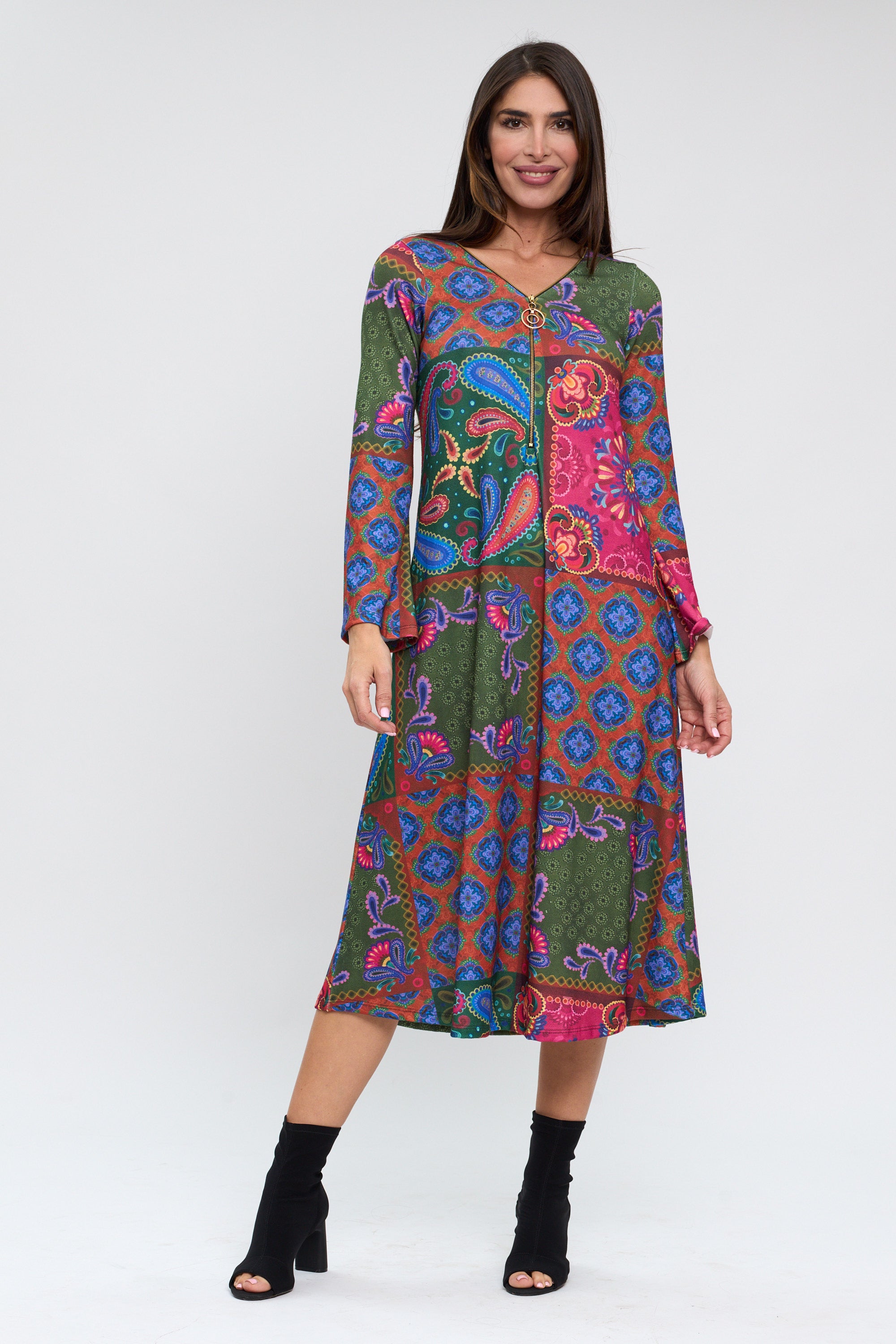 Vestido MIDI cremallera estampado patchwork tonos buganvilla/azul/verde