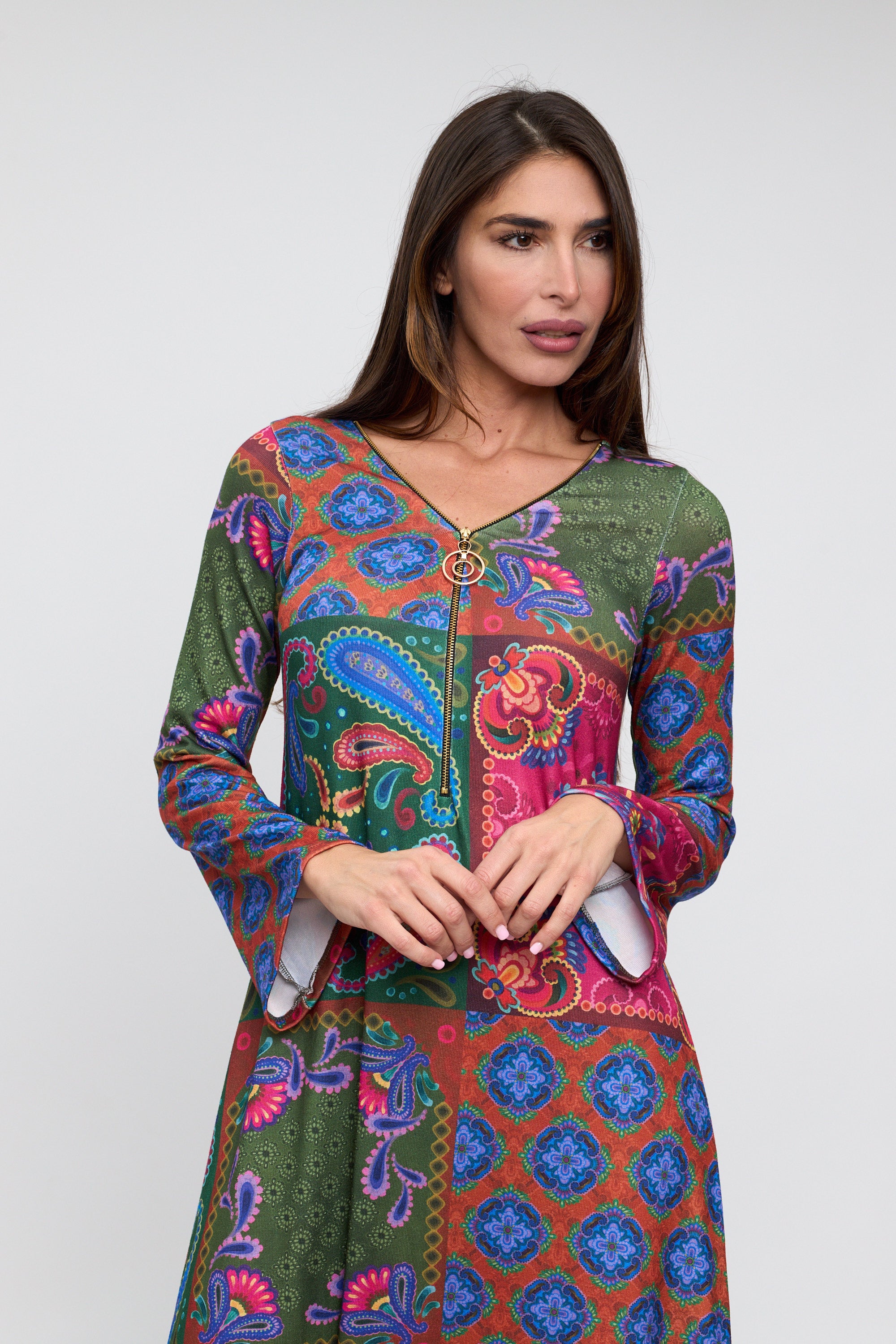 Vestido MIDI cremallera estampado patchwork tonos buganvilla/azul/verde