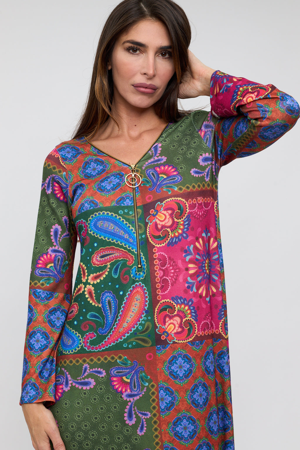 Vestido MIDI cremallera estampado patchwork tonos buganvilla/azul/verde