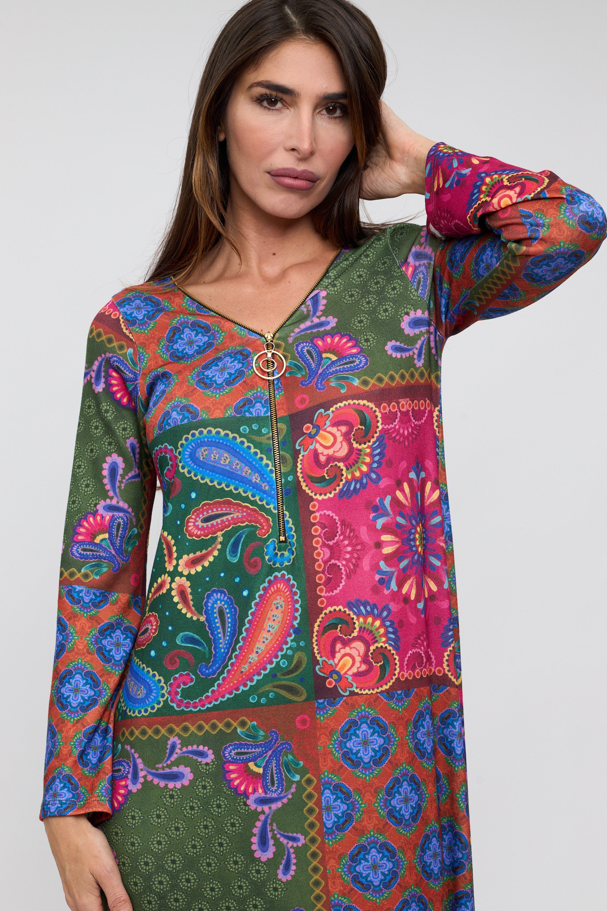 Vestido MIDI cremallera estampado patchwork tonos buganvilla/azul/verde