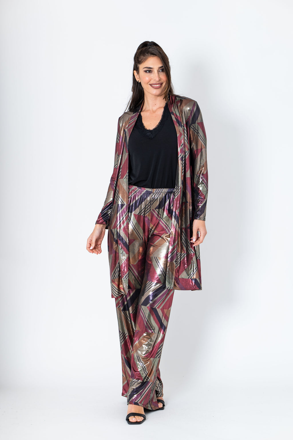 Conjunto de pantalón y chaqueta de brillo fuxia