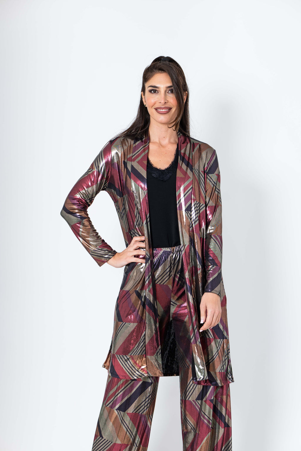 Conjunto de pantalón y chaqueta de brillo fuxia