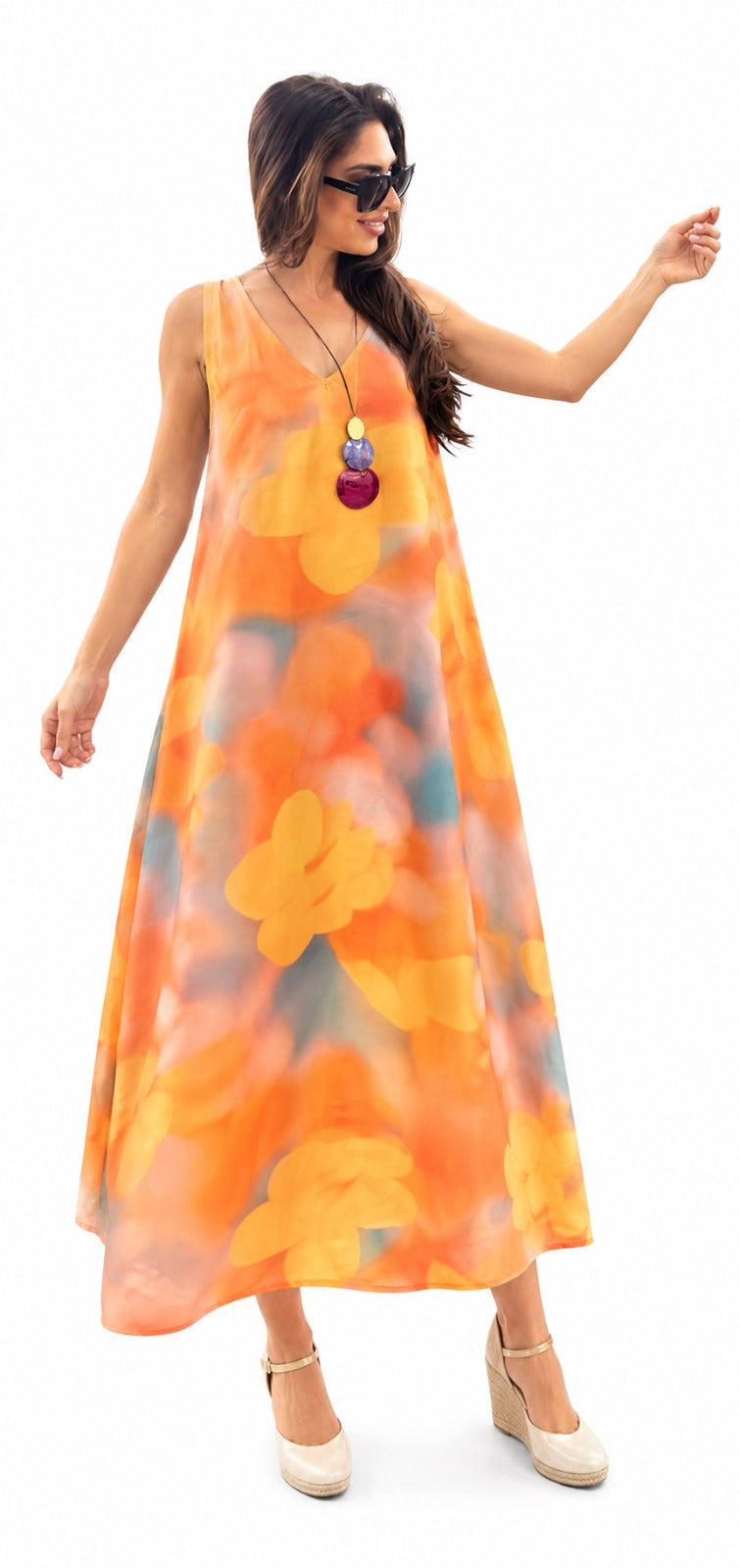 Vestido de tirantes en simil lino color estampado naranja/amarillo