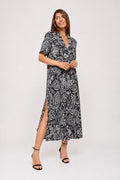 Vestido Midi escote pico estampado fondo negro cachemir blanco