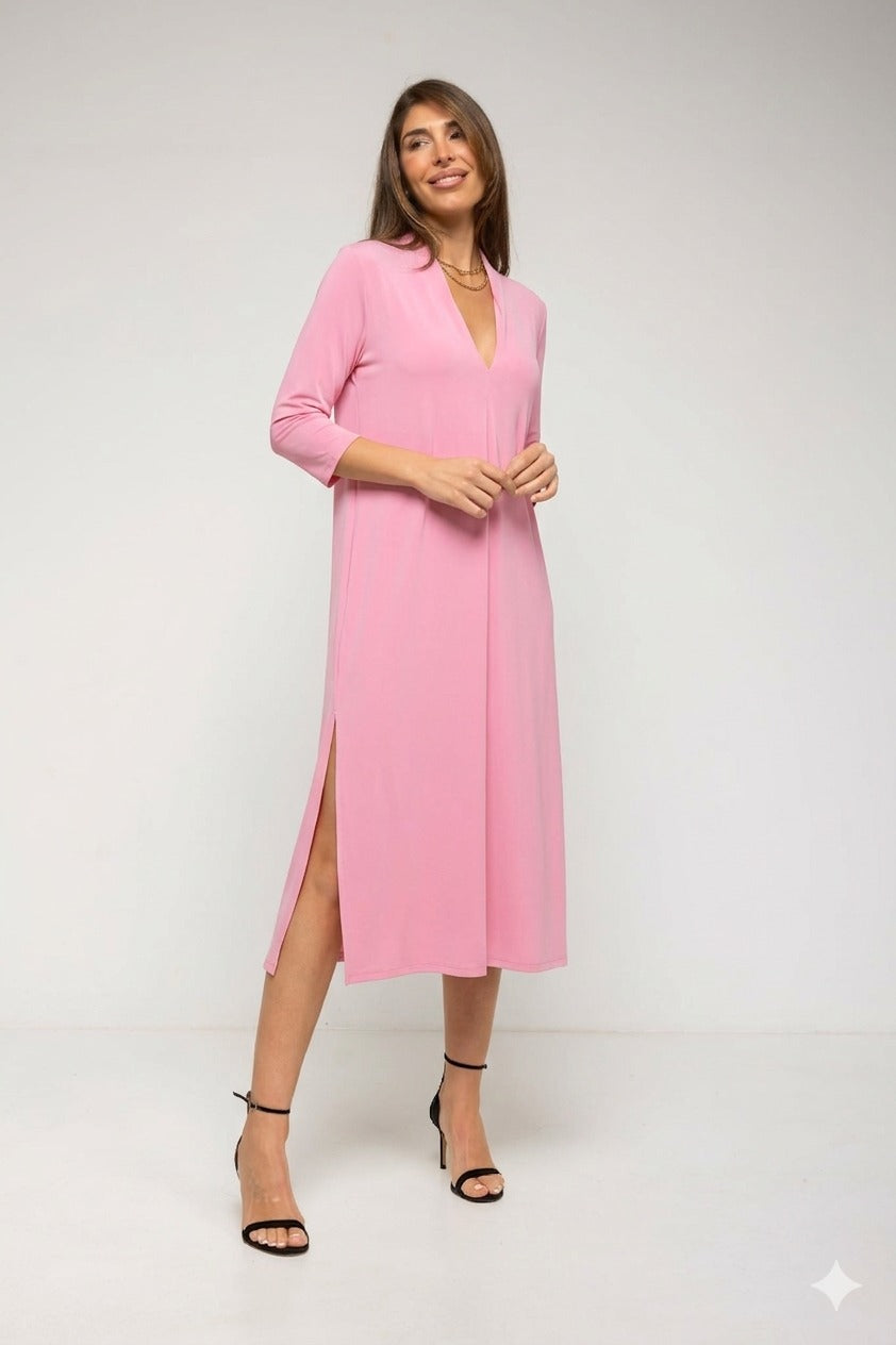 Vestido Midi con pliegue delantero y escote pico liso