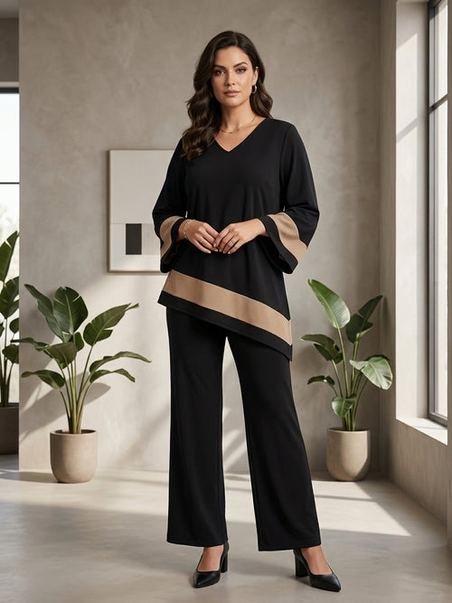 Conjunto de mujer con túnica asimétrica y detalles en contraste
