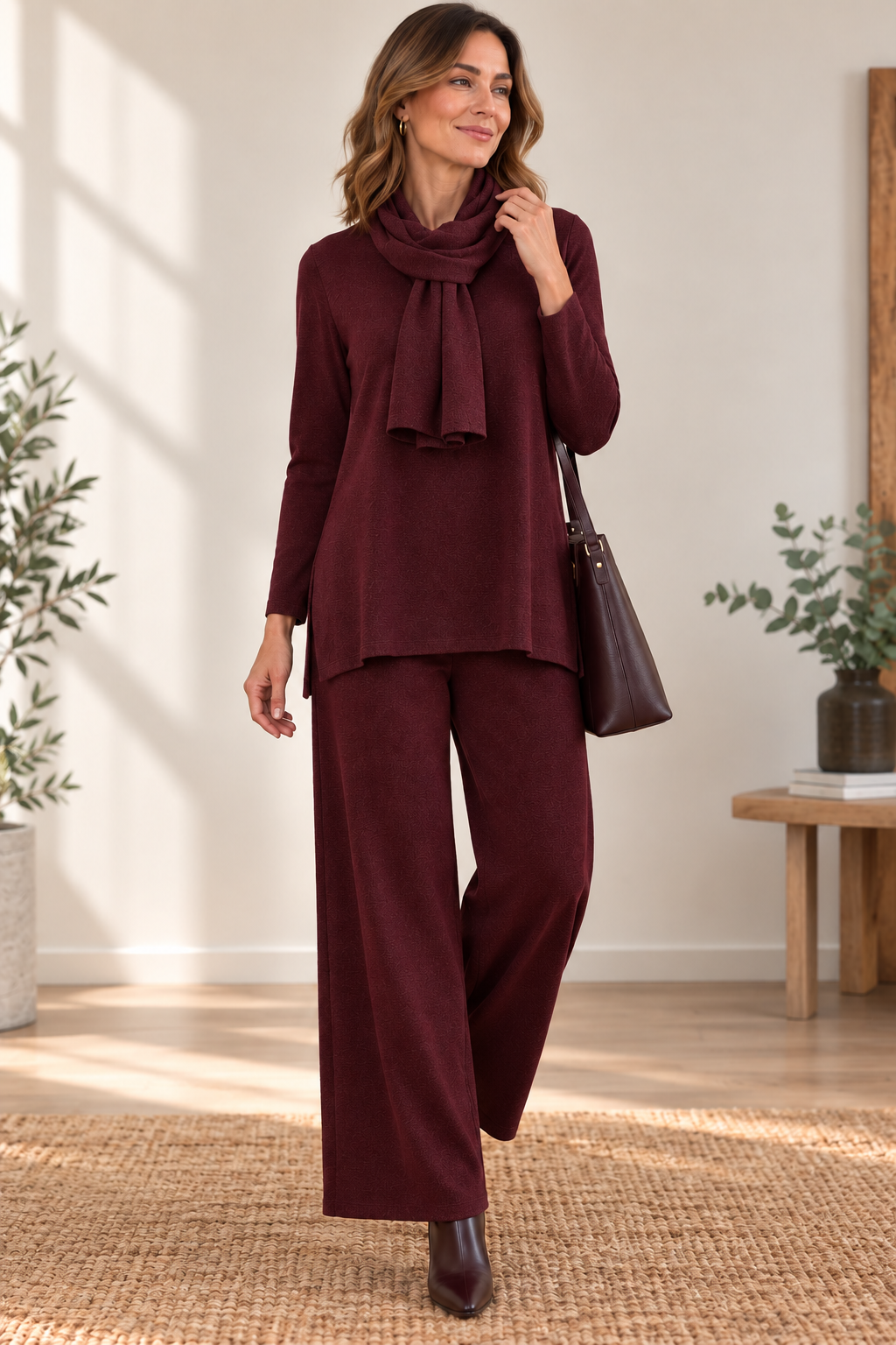 Conjunto de punto con pantalón y bufanda”.