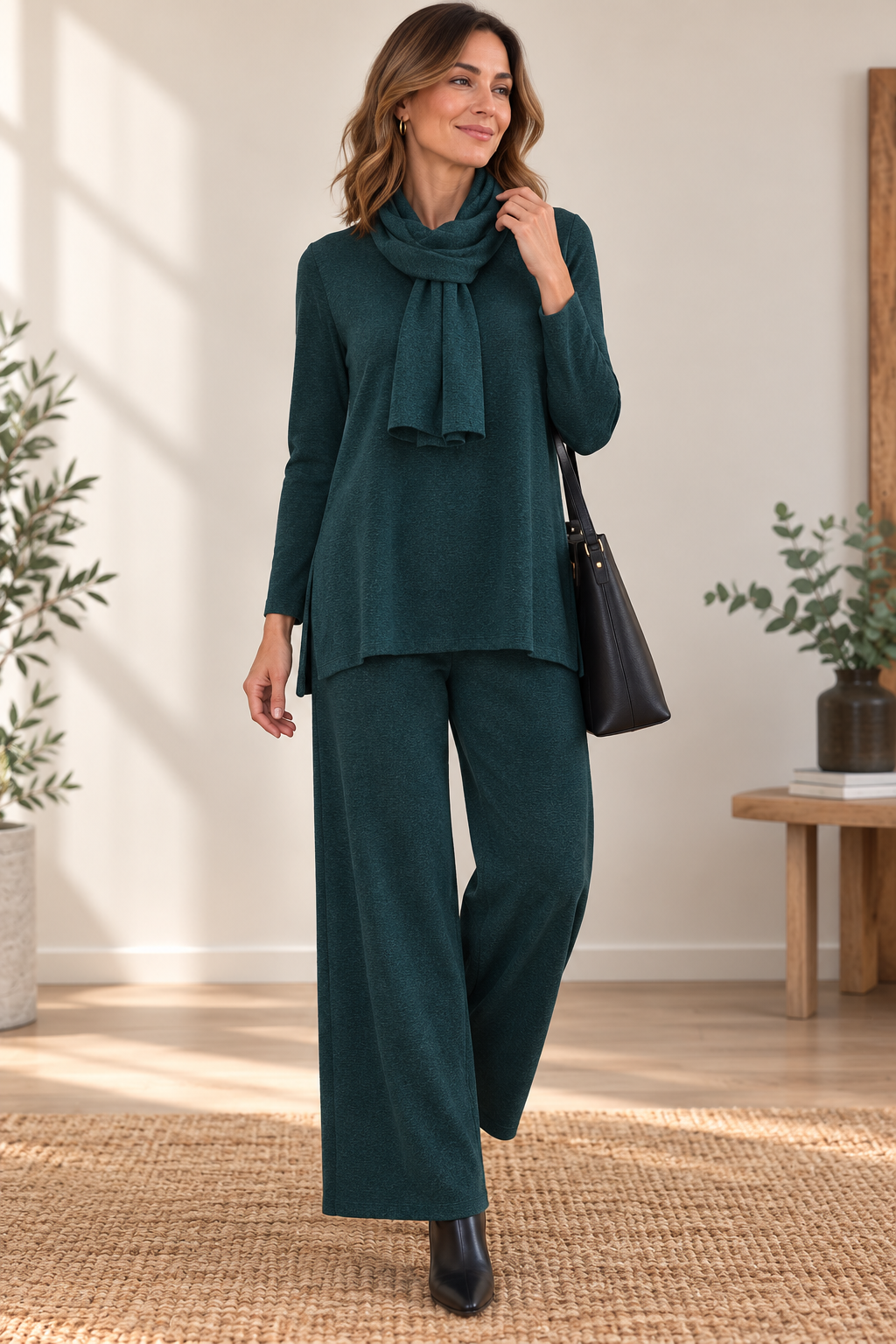 Conjunto de punto con pantalón y bufanda”.