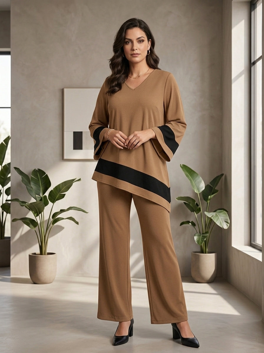 Conjunto de mujer con túnica asimétrica y detalles en contraste