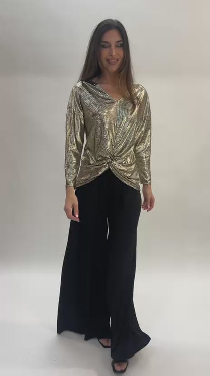 Camiseta de fiesta dorada con nudo frontal