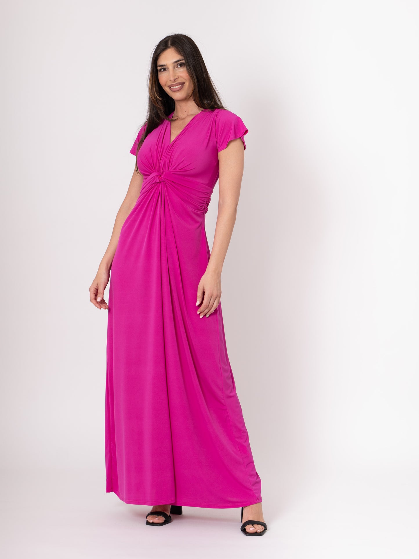 Vestido nudo largo liso fuxia