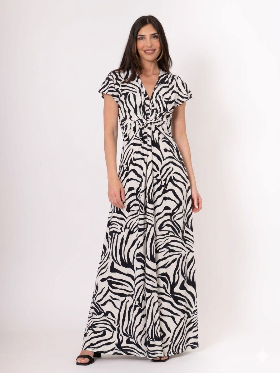 Vestido nudo largo manga corta estampado blanco negro